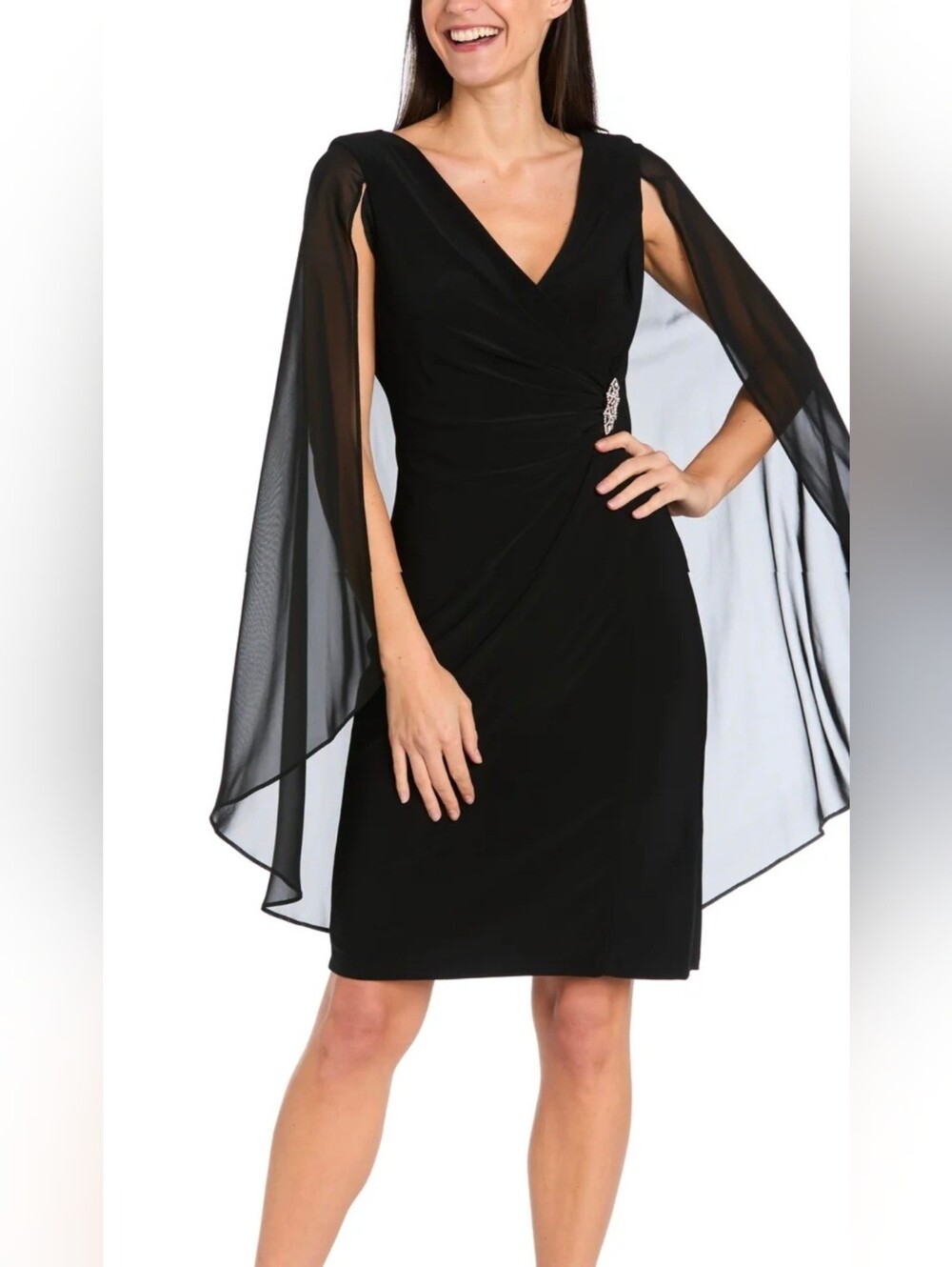 R&M Richards Black V-Neck Midi Dress with Sheer Cape Sleeves